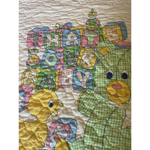 Vintage 80s Teddy And Bear Baby Crib Quilt Blanket Teddy Bear Duck Blocks 1980s - Picture 3 of 8